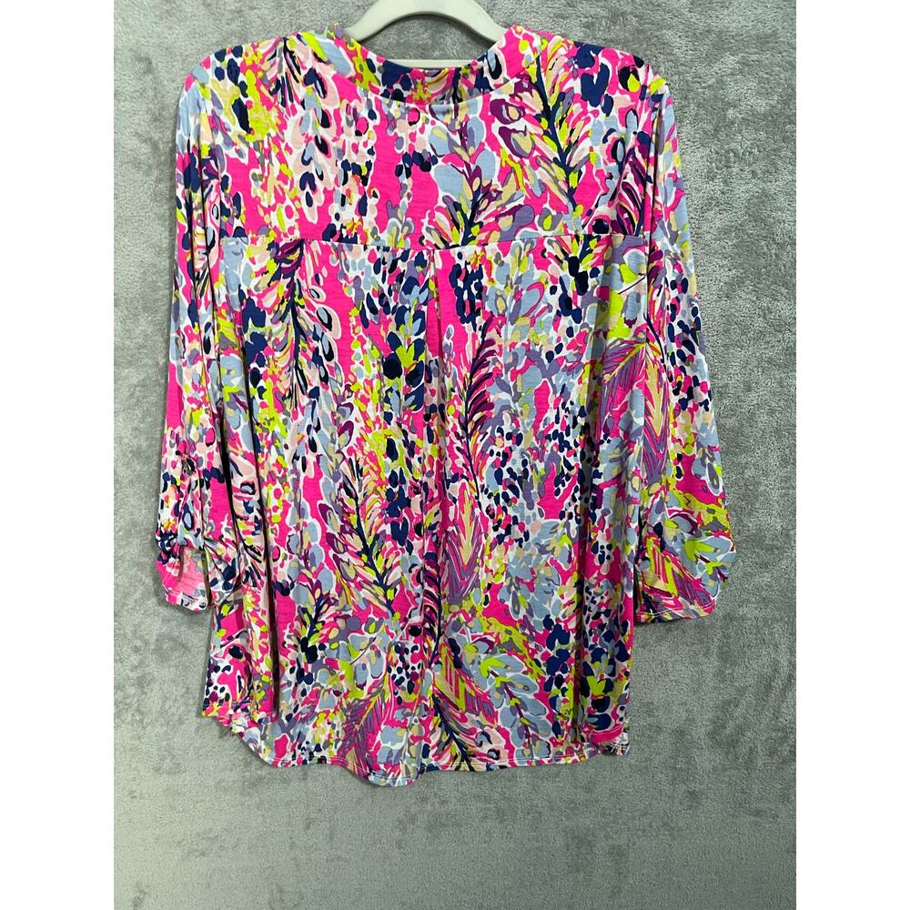 Dear Scarlett Tunic Blouse Large Pink Floral Flowing Summer Beachy Resort - Picture 4 of 5